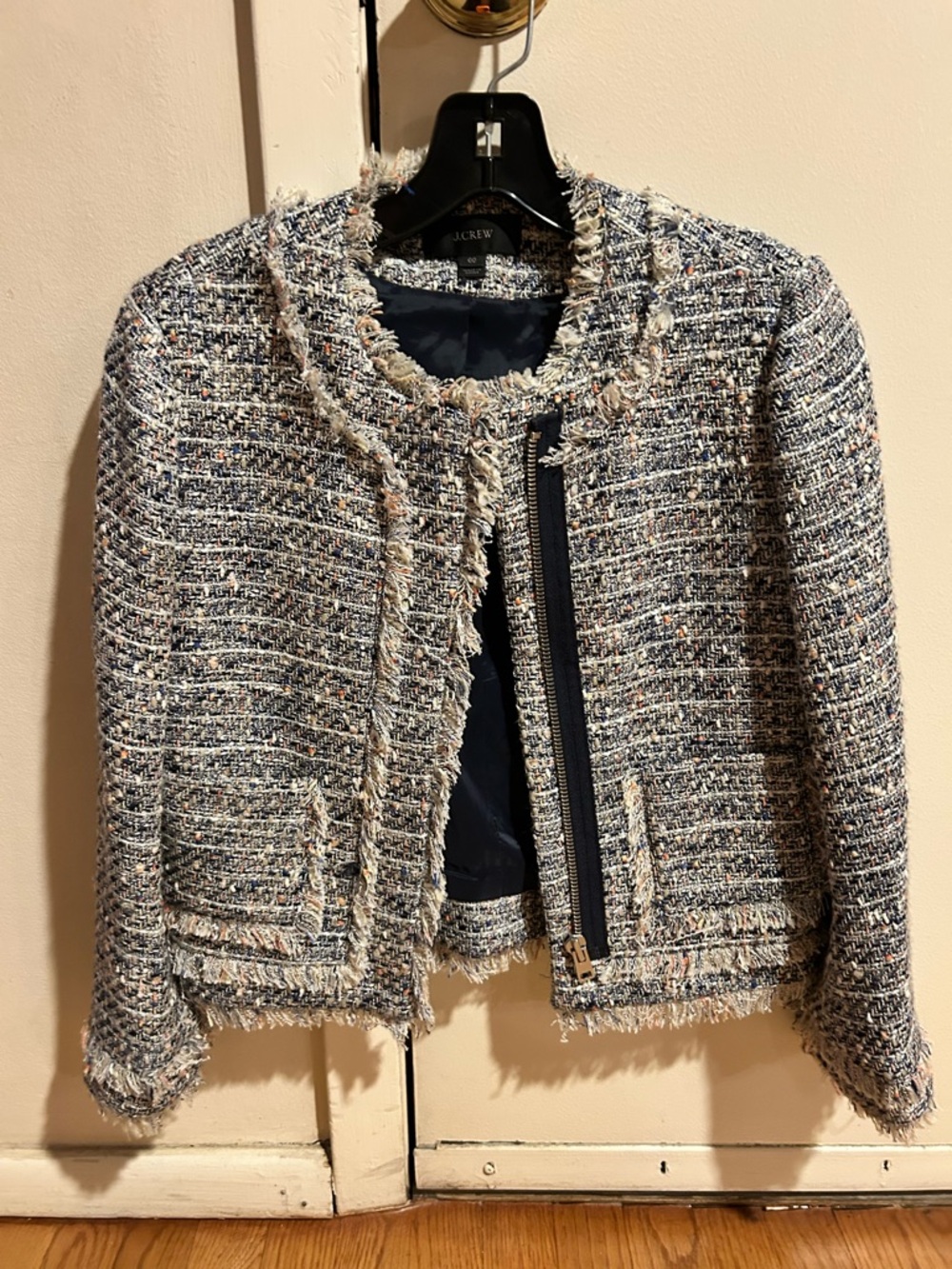 J. Crew Women's Navy and Multi-Color Bouclé Fringe Zip Jacket
